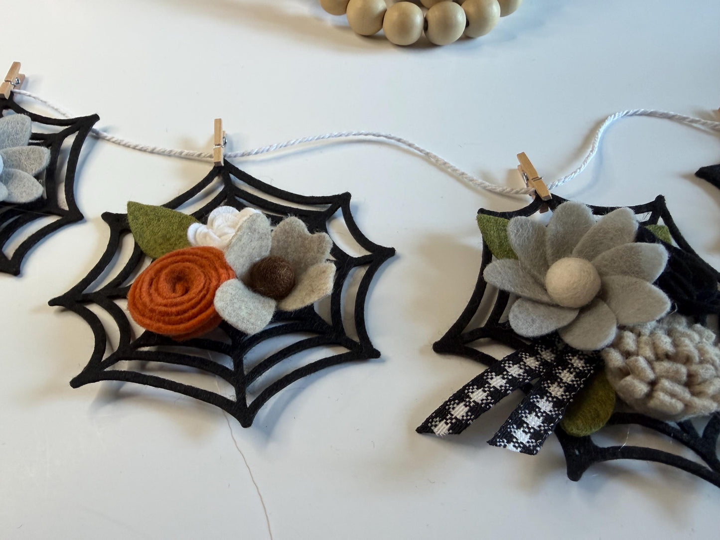 Halloween Spider Web Banner with Felt Flowers, Neutral Garland for October, Floral Bunting Wall Hanging for Decoration