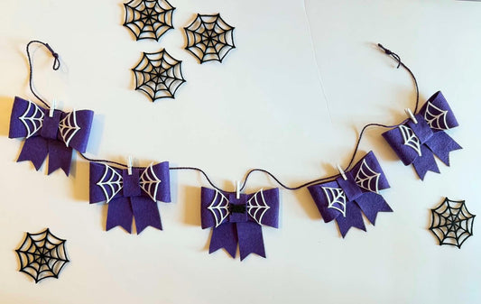Spooky Bow Banner, Halloween Spiderweb Purple Bow Bunting, October Bow Garland for Home Decor and Parties
