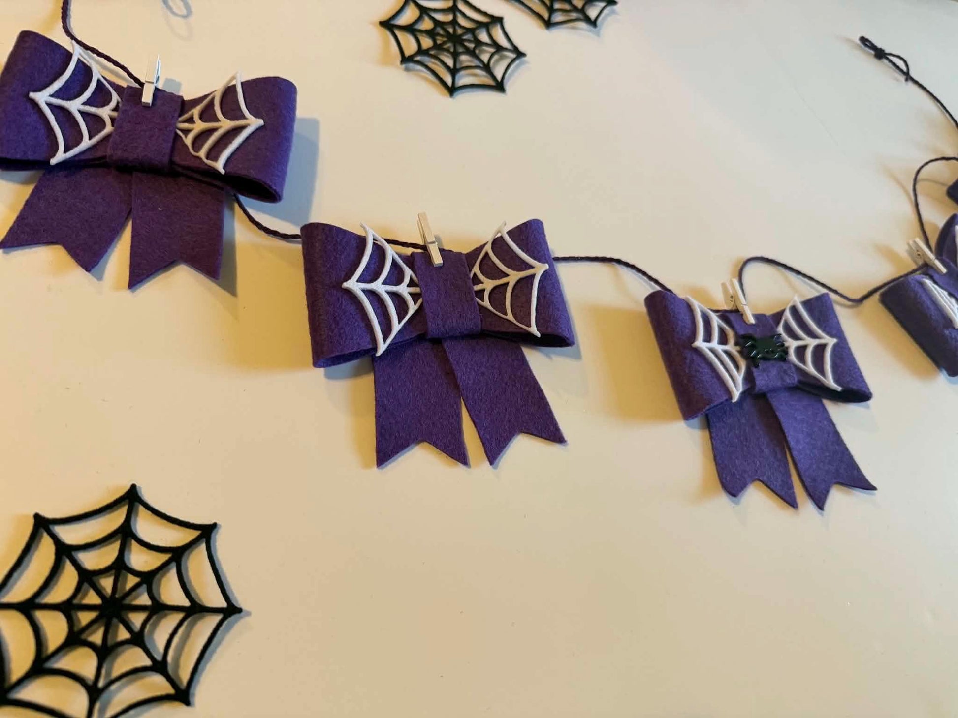 Spooky Bow Banner, Halloween Spiderweb Purple Bow Bunting, October Bow Garland for Home Decor and Parties