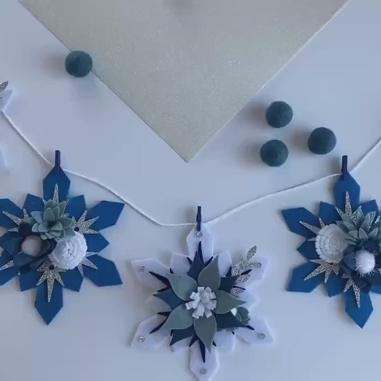 Sparkly Felt Snowflake Garland with Florals, Felt Snowflake Banner with Flowers, Wall Hanging or Mantel Decoration for Winter