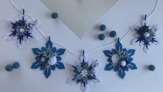 Sparkly Felt Snowflake Garland with Florals, Felt Snowflake Banner with Flowers, Wall Hanging or Mantel Decoration for Winter