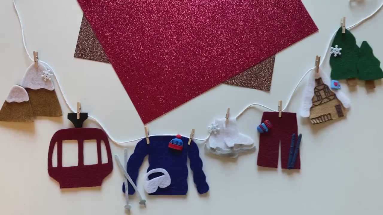 Ski Lodge Miniature Felt Clothesline Banner, Winter Chateau Garland, Sports Bunting for Decoration