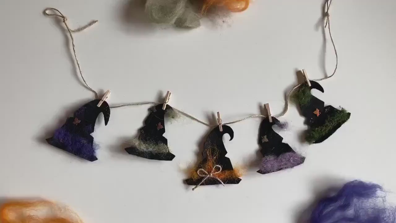 Felted Witch’s Hats Clothesline Banner Miniature Garland Bunting Wall Hanging Decoration for Halloween