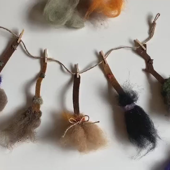 Felted Witch’s Brooms Miniature Clothesline Banner Garland Bunting Wall Hanging Decoration for Halloween