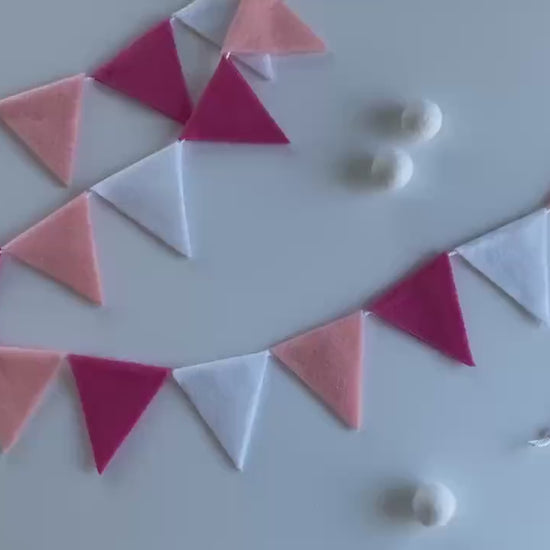 Triangle Bunting, St Valentine’s Day Pink and White Triangle Flag Garland, Baby Girl Bunting, 6 feet long Felt Mantel Swag or Party Decor