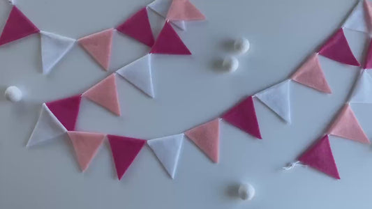 Triangle Bunting, St Valentine’s Day Pink and White Triangle Flag Garland, Baby Girl Bunting, 6 feet long Felt Mantel Swag or Party Decor