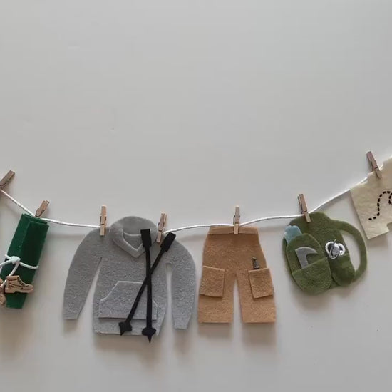 Hiker’s Gear Miniature Felt Clothesline Banner, Hiking Garland, Mountain Climbers Bunting, Outdoorsman Wall Hanging Decoration