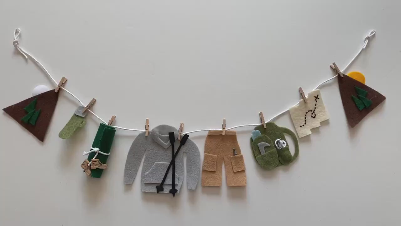 Hiker’s Gear Miniature Felt Clothesline Banner, Hiking Garland, Mountain Climbers Bunting, Outdoorsman Wall Hanging Decoration