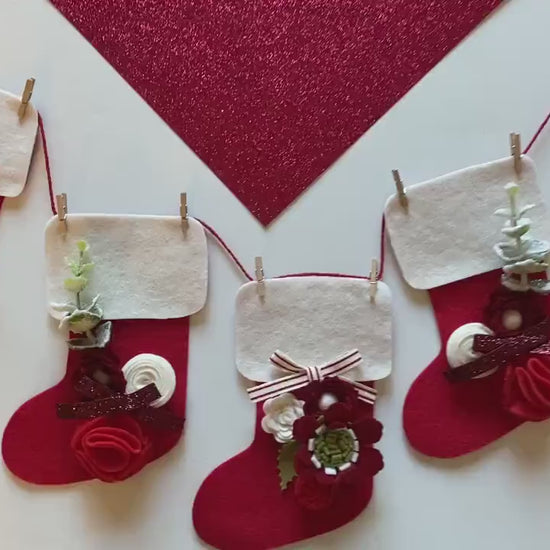 Santa Stocking Christmas Banner with Felt Flowers Garland, Bunting Decoration