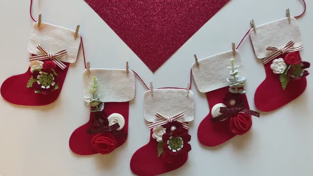 Santa Stocking Christmas Banner with Felt Flowers Garland, Bunting Decoration
