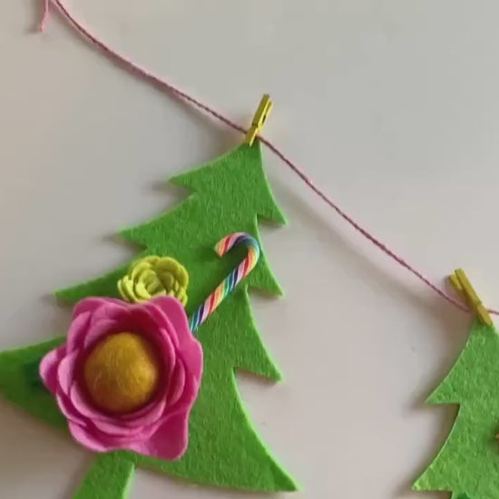 Bright and Colorful Christmas Tree Bunting, Pink and Yellow Floral Holiday Garland, Girly Felt Flowers Banner Decoration for Christmas