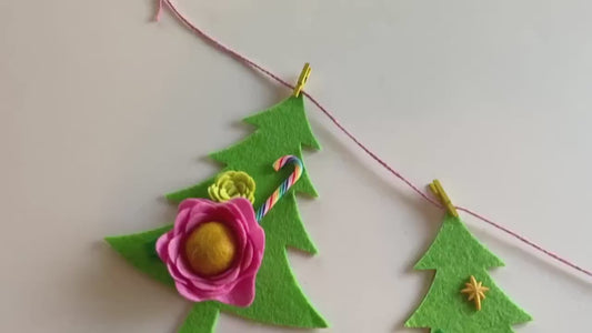 Bright and Colorful Christmas Tree Bunting, Pink and Yellow Floral Holiday Garland, Girly Felt Flowers Banner Decoration for Christmas