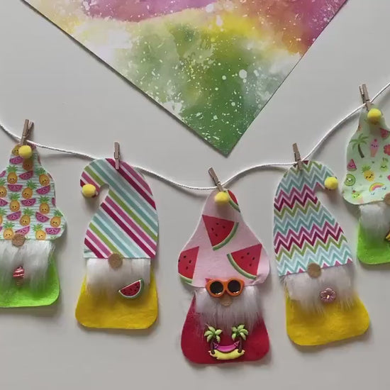 Summer Gnomes with Beards and Hats Felt Miniature Banner Garland Bunting Wall Hanging for Decoration or Party