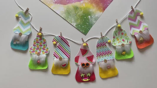 Summer Gnomes with Beards and Hats Felt Miniature Banner Garland Bunting Wall Hanging for Decoration or Party