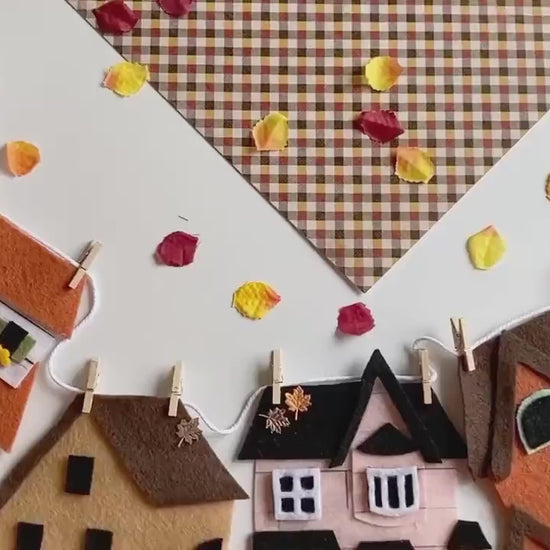 Autumn Houses Village Banner, Fall Town Garland, Cottages Bunting, Felt Wall Hanging Decoration