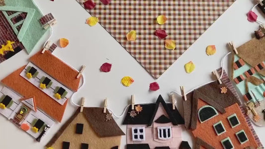 Autumn Houses Village Banner, Fall Town Garland, Cottages Bunting, Felt Wall Hanging Decoration