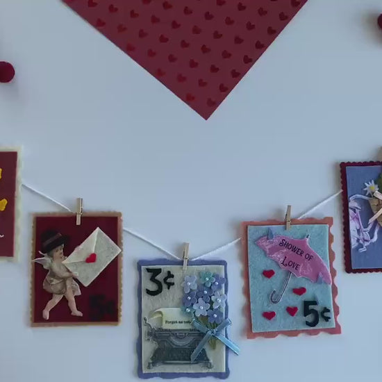 Vintage Inspired Felt Stamps Banner, Valentine’s Day Stamp Garland, Cupid Clothesline Banner, Victorian Style Postage Stamp Home Decoration