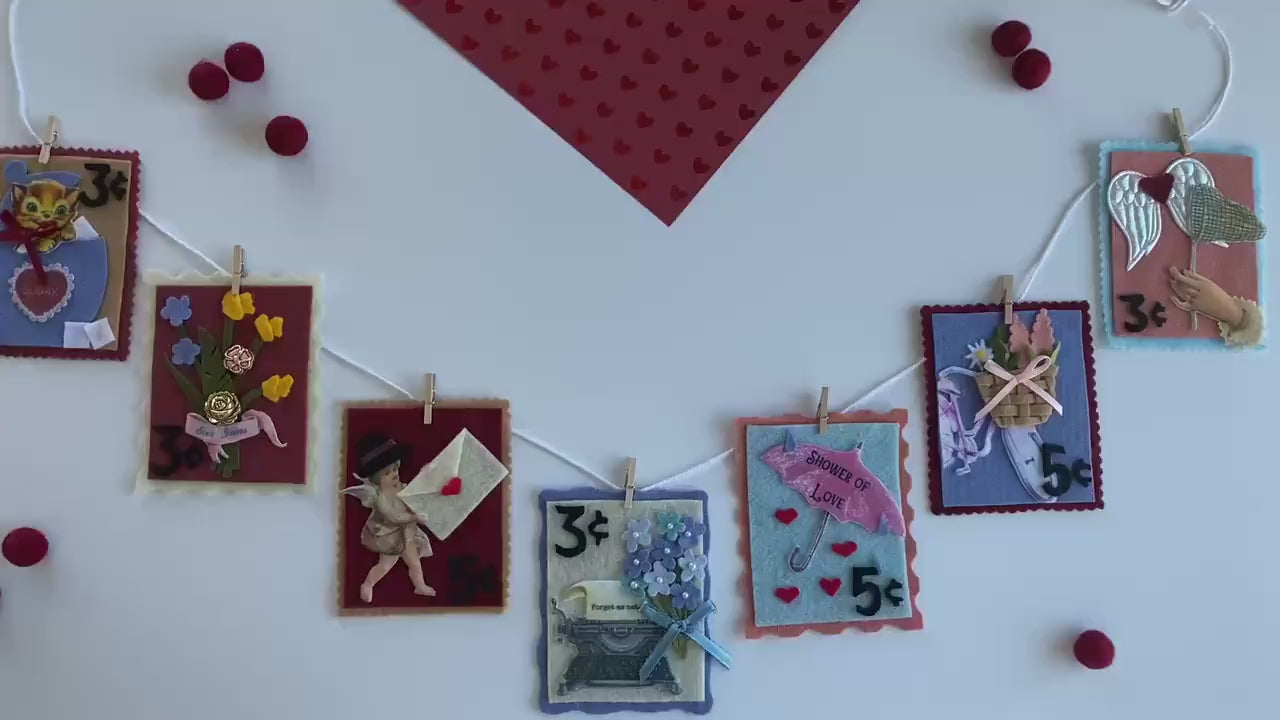 Vintage Inspired Felt Stamps Banner, Valentine’s Day Stamp Garland, Cupid Clothesline Banner, Victorian Style Postage Stamp Home Decoration