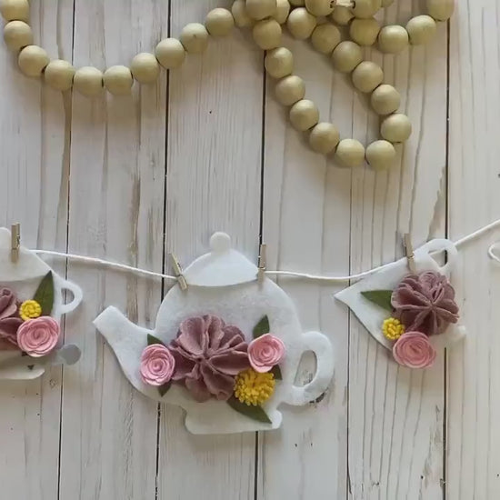 Tea Set Banner, Felt Flower Teapot Garland, with Sugar Bowl & Pitcher, Tea cups with saucers, Wall Hanging Decoration for Mother’s Day