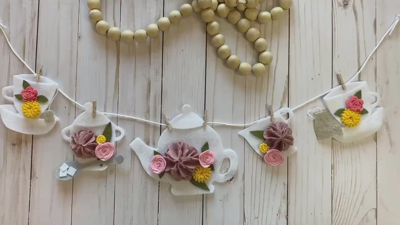 Tea Set Banner, Felt Flower Teapot Garland, with Sugar Bowl & Pitcher, Tea cups with saucers, Wall Hanging Decoration for Mother’s Day