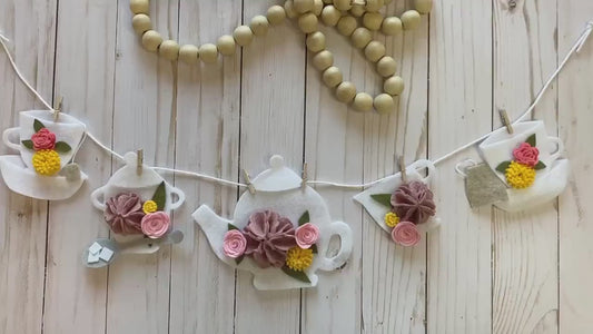 Tea Set Banner, Felt Flower Teapot Garland, with Sugar Bowl & Pitcher, Tea cups with saucers, Wall Hanging Decoration for Mother’s Day