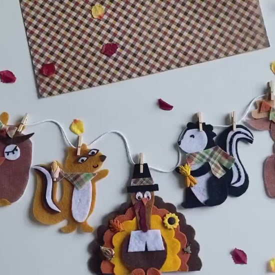 Thanksgiving Animals Banner, Autumn Forest Garland, Fall Turkey Bunting, Wall Hanging Decoration for November