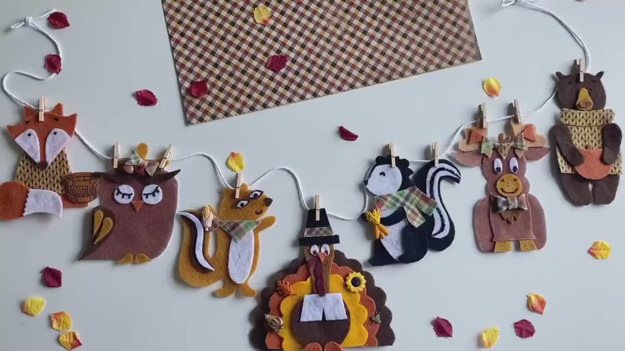 Thanksgiving Animals Banner, Autumn Forest Garland, Fall Turkey Bunting, Wall Hanging Decoration for November
