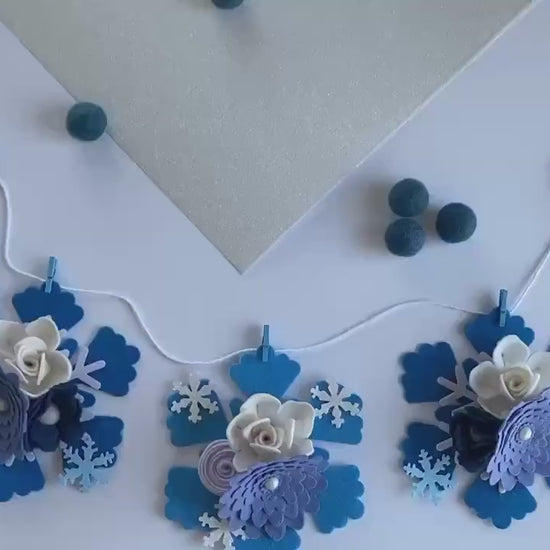 Felt Snowflake Garland with Florals, Felt Snowflake Banner with Flowers, Wall Hanging or Mantel Decoration for Winter