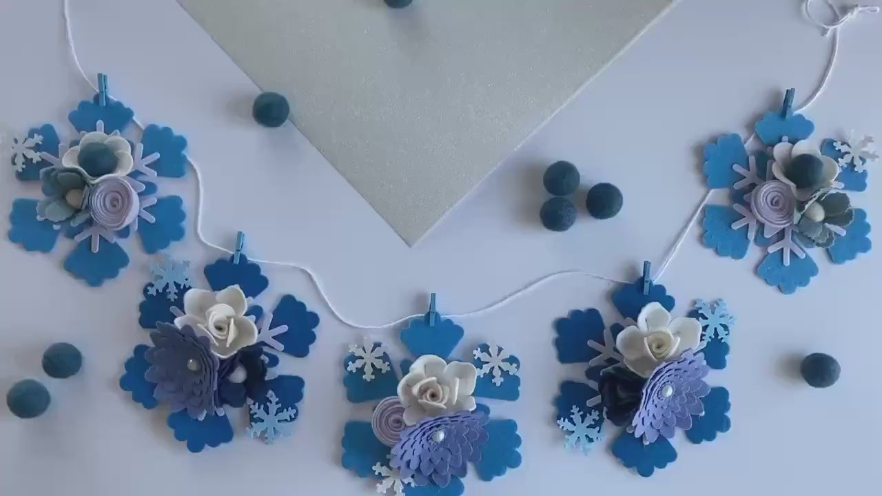 Felt Snowflake Garland with Florals, Felt Snowflake Banner with Flowers, Wall Hanging or Mantel Decoration for Winter