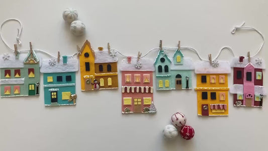 Snowy Winter Village Banner Garland Townhouses Bunting Wall Hanging Decoration for January