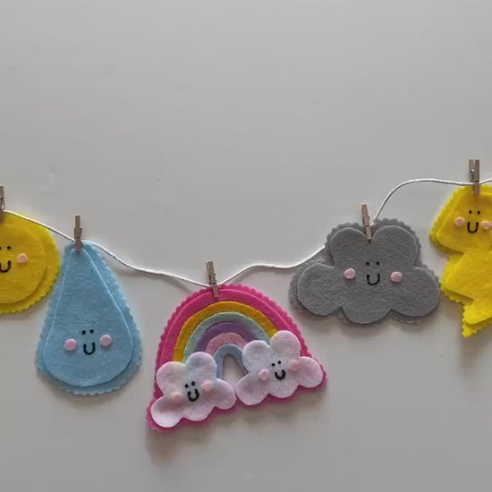 Happy Weather Felt Banner, Rainbow Garland, Cloud Bunting, Lightning Wall Hanging, Rain Home Decoration