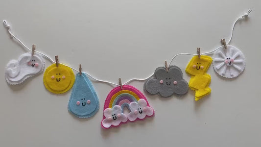 Happy Weather Felt Banner, Rainbow Garland, Cloud Bunting, Lightning Wall Hanging, Rain Home Decoration
