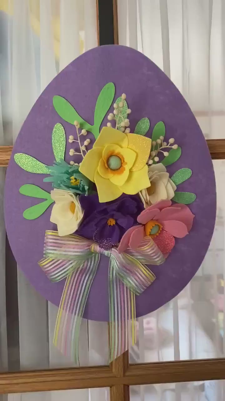 Felt Flower Egg Door Hanger, Easter Egg Wall Hanging with Bow and Florals for Spring Home Decoration