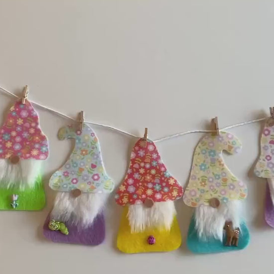 Spring Gnome Banner, Felt Floral themed garland, May flowers bunting with bugs, insects, and deer wall hanging decoration