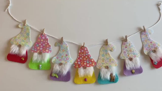 Spring Gnome Banner, Felt Floral themed garland, May flowers bunting with bugs, insects, and deer wall hanging decoration