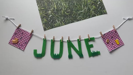 June Monthly Banner, Picnic Garland, Classroom Bulletin Board Bunting with Grass, Ants, Picnic Basket and Lemonade