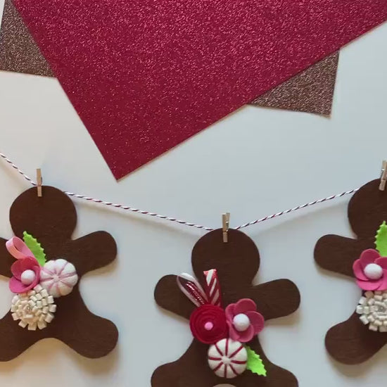 Gingerbread Man Cookie Banner, Christmas Felt Flower Garland Bunting with Wool Peppermint Candies