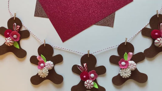 Gingerbread Man Cookie Banner, Christmas Felt Flower Garland Bunting with Wool Peppermint Candies