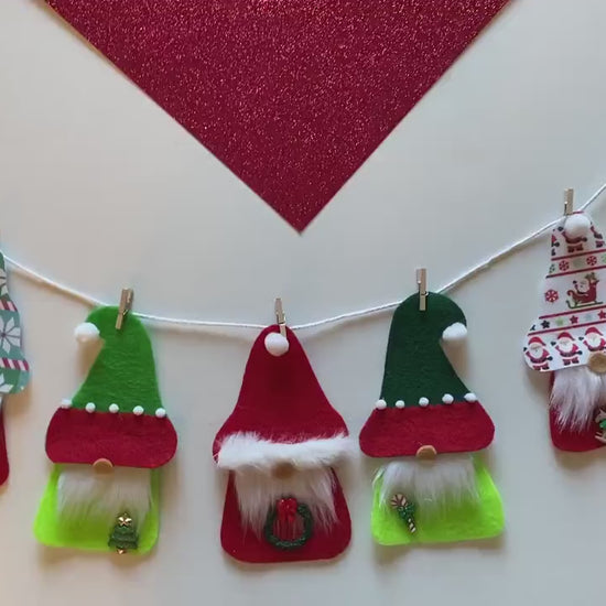 Santa Gnome and Elf Gnomes Felt Banner, Christmas Garland, Bunting Decoration