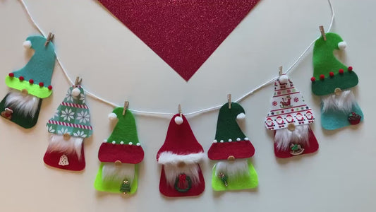 Santa Gnome and Elf Gnomes Felt Banner, Christmas Garland, Bunting Decoration