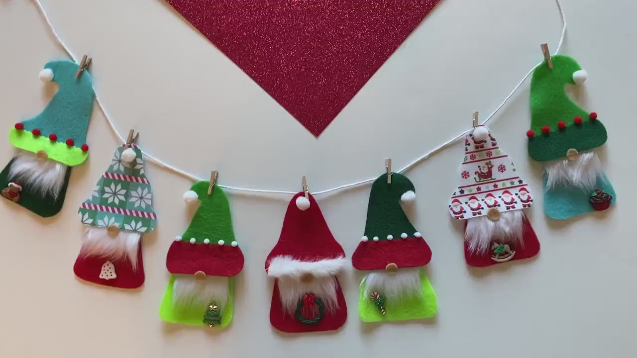 Santa Gnome and Elf Gnomes Felt Banner, Christmas Garland, Bunting Decoration