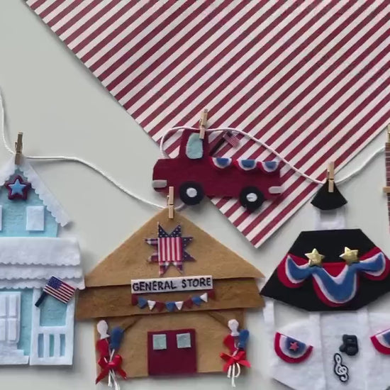 Patriotic Town Felt Banner, 4th of July Parade Garland, Miniature Village Bunting, USA Wall Hanging Decoration for Independence Day