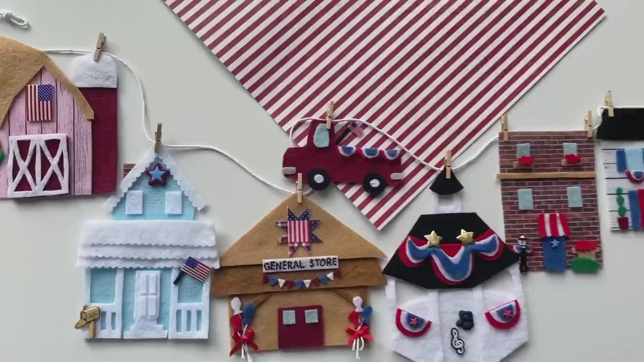Patriotic Town Felt Banner, 4th of July Parade Garland, Miniature Village Bunting, USA Wall Hanging Decoration for Independence Day
