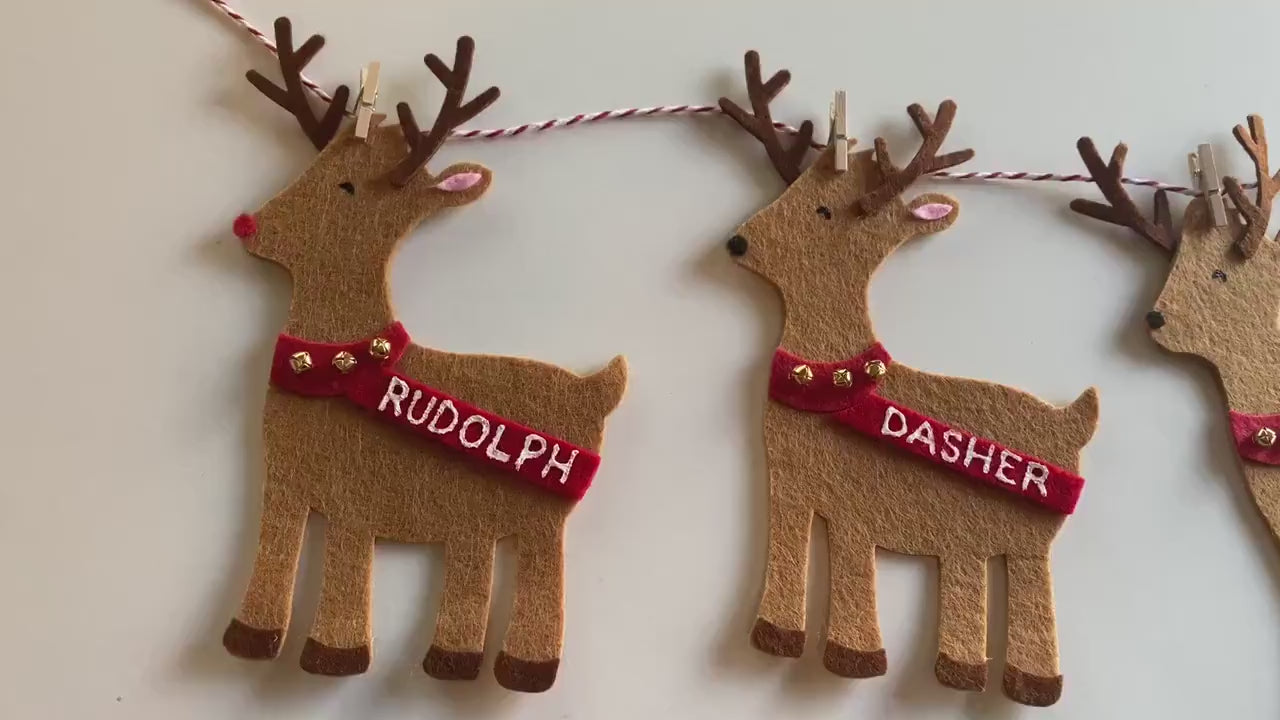 Reindeer and Santa’s Sleigh Bunting, Christmas Holiday Garland, Rudolph, Dasher, and Dancer Banner for Fireplace Mantel Home Decoration