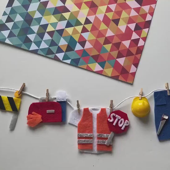 Construction Worker Miniature Felt Clothesline Banner, Work Zone Garland, Wall Hanging Party Decoration