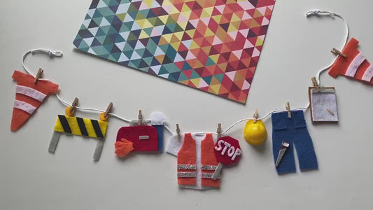 Construction Worker Miniature Felt Clothesline Banner, Work Zone Garland, Wall Hanging Party Decoration