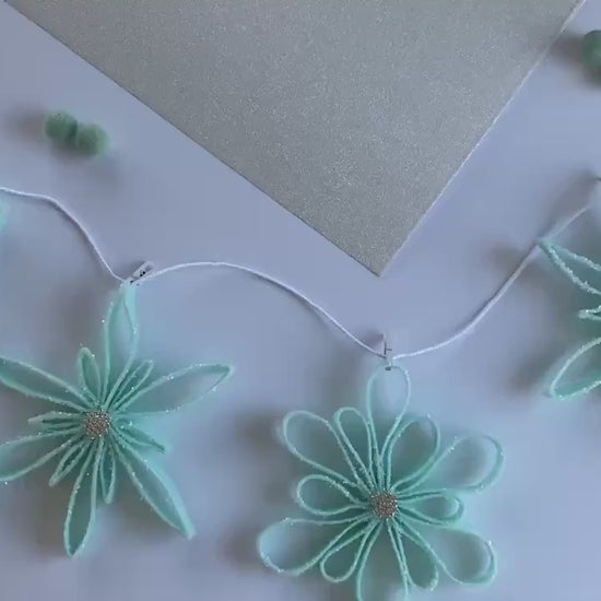 Sparkly Felt Snowflake Garland, Quilling Style Felt Snowflake Banner, Wall Hanging Decoration with Glitter for Winter