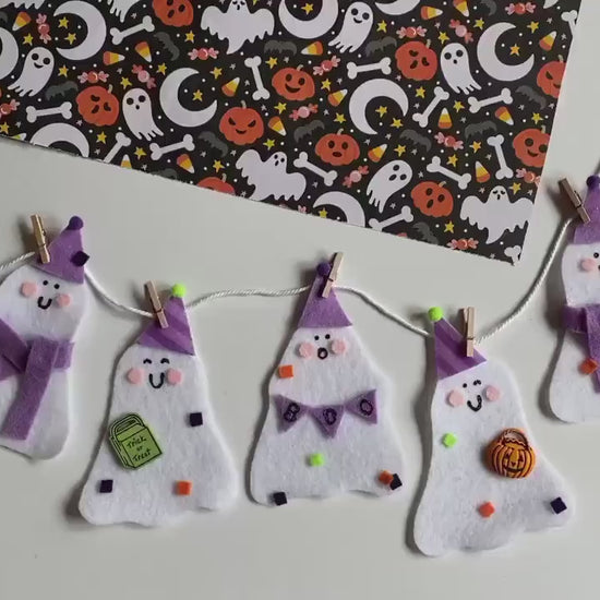 Happy Ghosts in Party Hats and Scarves Banner Halloween Garland Trick or Treat Wall Hanging Boo Decoration for October