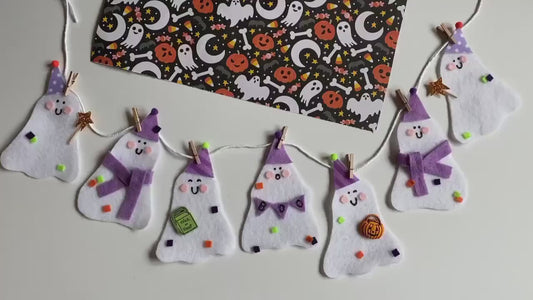 Happy Ghosts in Party Hats and Scarves Banner Halloween Garland Trick or Treat Wall Hanging Boo Decoration for October