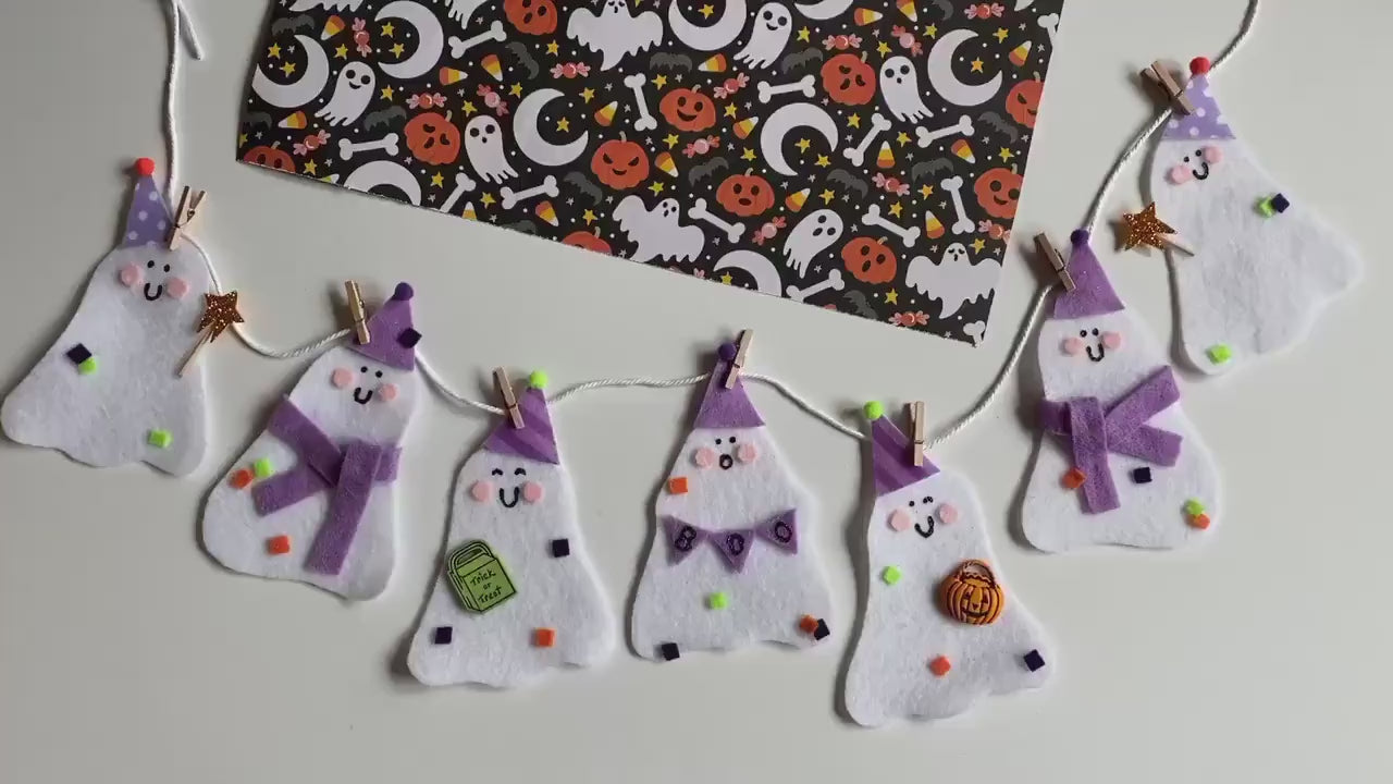 Happy Ghosts in Party Hats and Scarves Banner Halloween Garland Trick or Treat Wall Hanging Boo Decoration for October